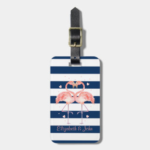 Etiqueta De Bagagem Flamingos Rosa Apaixonados,Listras Azul-Marinho