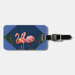 Etiqueta De Bagagem Flamingos Rosa em Tecido Azul Clássico