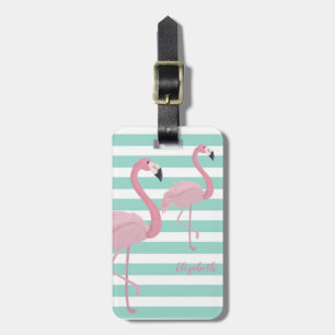 Etiqueta De Bagagem Flamingos Rosa Fofo Menina em Listras Brancas e Ho