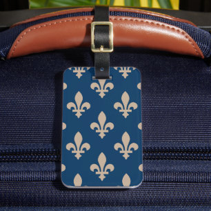 Etiqueta De Bagagem Fleur de Lis Pattern, Royal French, Cream on Blue