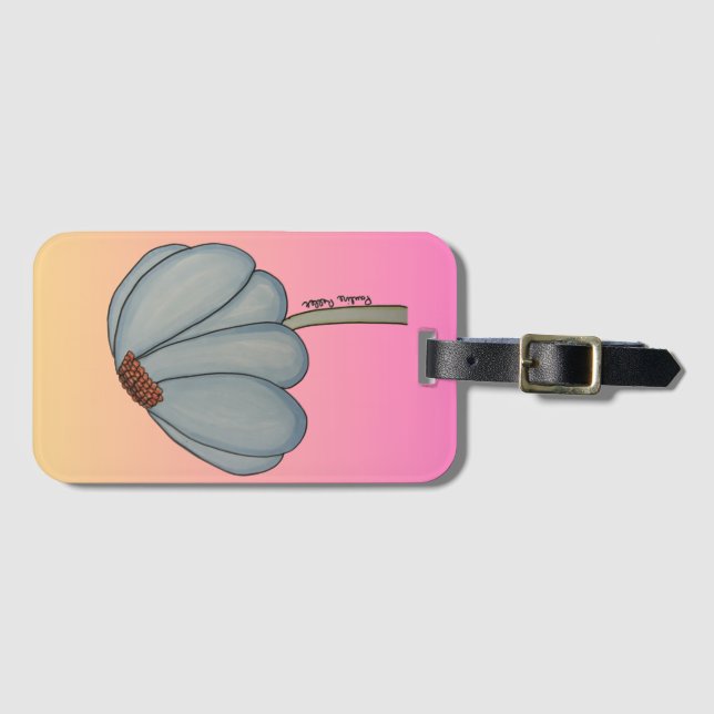 Etiqueta De Bagagem Flor Azul com fundo rosa (Frente Horizontal)