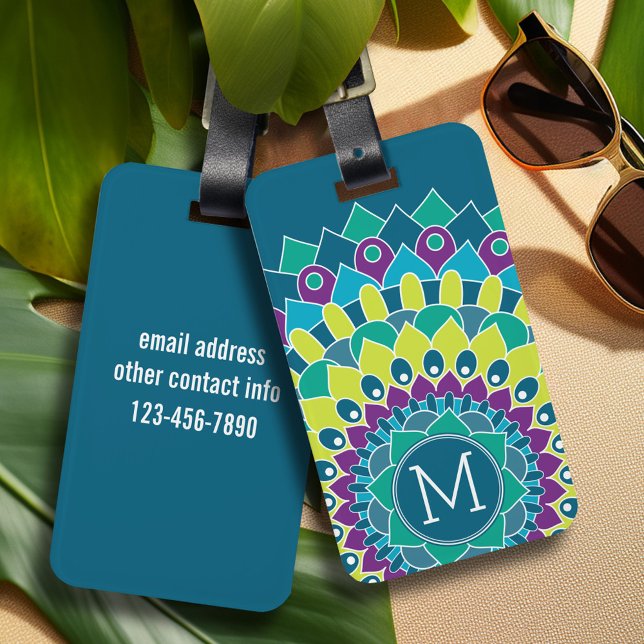 Etiqueta De Bagagem Flor Boêmica com Monogramas (Personalized luggage tag - vibrant colors and custom text)