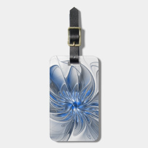 Etiqueta De Bagagem Flor de Arte Fractal em Aquarela Azul Cinza Abstra