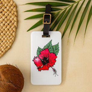 Etiqueta De Bagagem Flor de Hibisco Vermelha Tropical com Folhas Verde