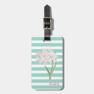 Etiqueta De Bagagem Flor Feminina em Listras Brancas e Verde-Menta