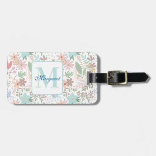 Etiqueta De Bagagem Flor Floral Elegante Azul Folha Mole Monograma