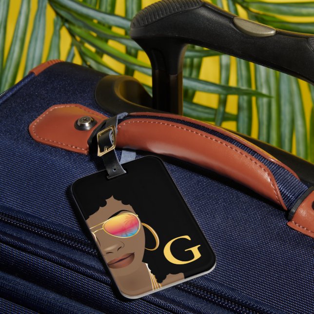 Etiqueta De Bagagem Flor Negra em Cabelo, Monograma, Rosa e bege (Frente Insitu 1)