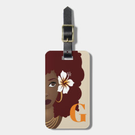 Etiqueta De Bagagem Flor Negra em Vermelho Afro, Laranja, Inicial