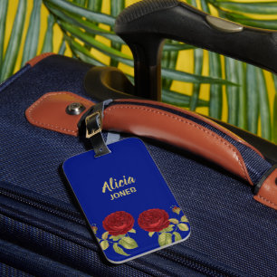 Etiqueta De Bagagem Flor vermelha e folhas azuis