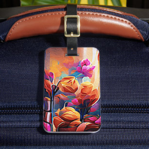 Etiqueta De Bagagem Floral Abstrato Art Laranja Vermelho Azul Flores