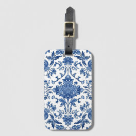 Etiqueta De Bagagem Floral Azul Chinoiserie Aquarela Branca