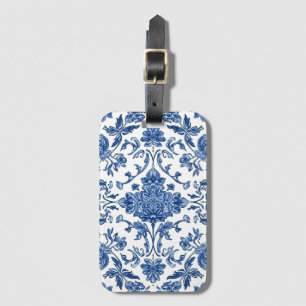 Etiqueta De Bagagem Floral Azul Chinoiserie Aquarela Branca