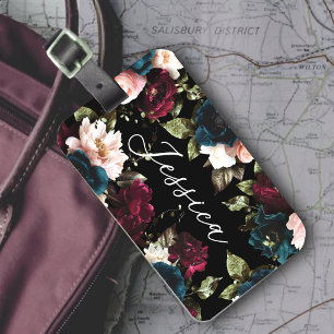 Etiqueta De Bagagem Floral Bloom Turquesa Escuro Monograma Vermelho
