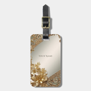 Etiqueta de Bagagem Floral de Ornamentado Dourado