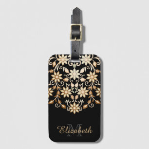 Etiqueta De Bagagem Floral Elegante Preto e Dourado