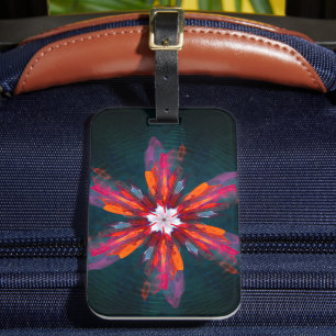 Etiqueta De Bagagem Floral Flores de Mandala Laranja Vermelho Abstrato