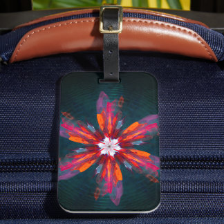 Etiqueta De Bagagem Floral Flores de Mandala Laranja Vermelho Abstrato