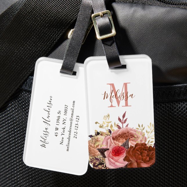 Etiqueta De Bagagem Floral Rosa Monogramada  (Monogrammed Pink Floral Luggage Tag)