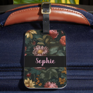 Etiqueta De Bagagem Floral Vintage Escuro Nome Personalizado Viagem El