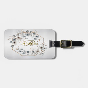 Etiqueta De Bagagem Flores brancas de aquarela Ouro Frame Silver Teal