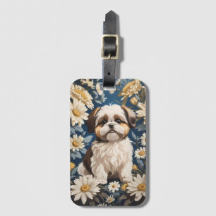 Etiqueta De Bagagem Flores Brancas de Margarida Cachorros Shih Tzu