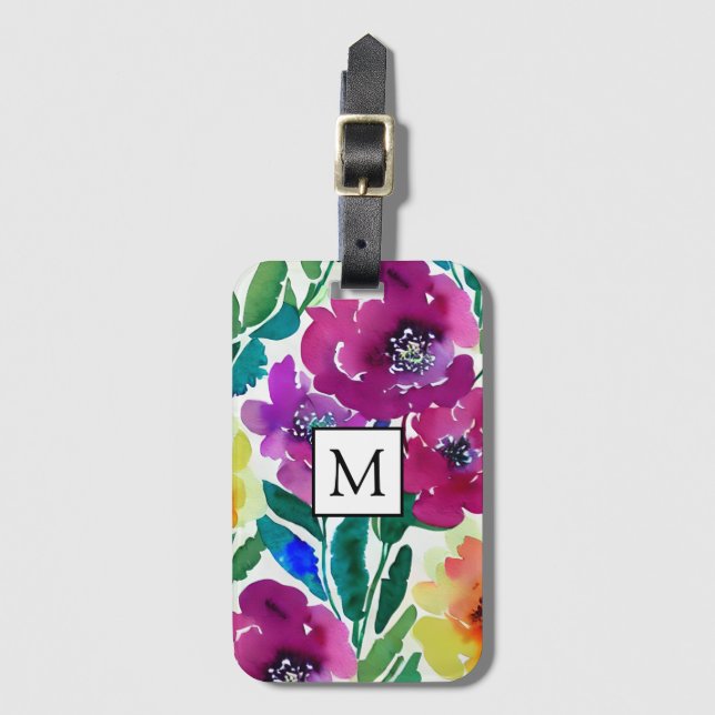 Etiqueta De Bagagem Flores de Aquarela Maroon e Amarelo (Frente Vertical)
