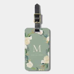 Etiqueta De Bagagem Flores De Aquarela Monograma De Folha De Ouro Vert