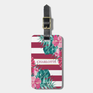 Etiqueta De Bagagem Flores de burlões exóticas Monograma listrado