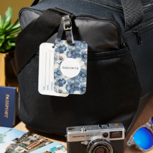 Etiqueta De Bagagem Flores de Denim Branco Azul