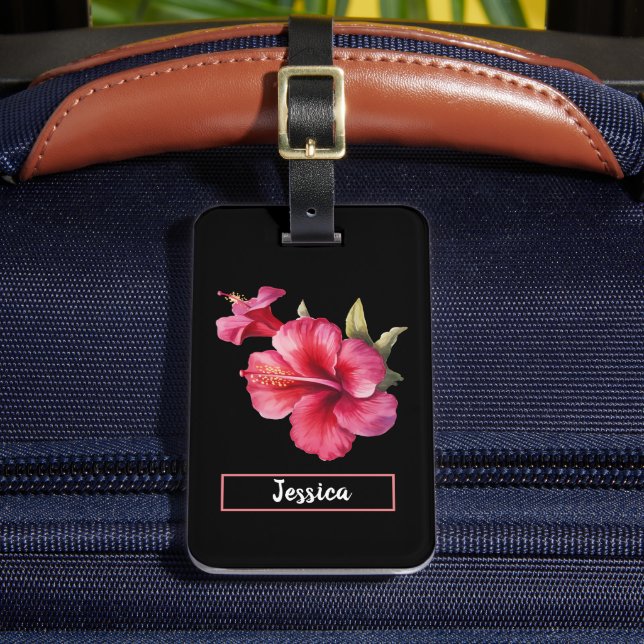 Etiqueta De Bagagem Flores de Hibiscus Rosa Modernas Personalizáveis (Frente Insitu 2)