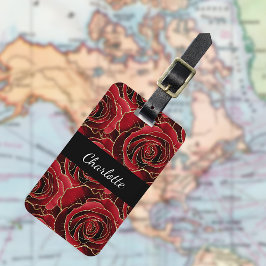 Etiqueta De Bagagem Flores de rosa preto-vermelho