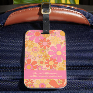 Etiqueta De Bagagem Flores do Jardim Retro 60s 70s Padrão Floral Rosa