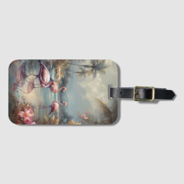 Etiqueta De Bagagem Flores e flamingos de pintura botânica em folha