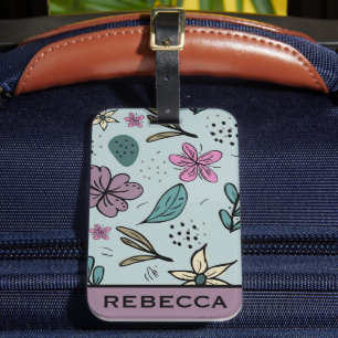 Etiqueta De Bagagem Flores e Folhas Lindas Padrão Azul Personalizado