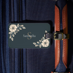 Etiqueta De Bagagem Flores Elegantes De Monograma Dourado Azul De Oxfo