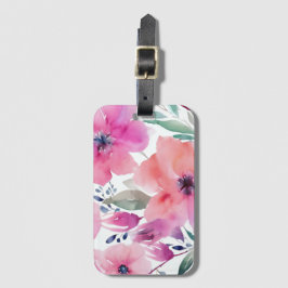 Etiqueta De Bagagem Flores em Flor | Flores Cor-de-Rosa Pintadas à Agu