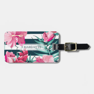 Etiqueta De Bagagem Flores Exóticas de Verão Monograma listrado