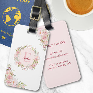 Etiqueta De Bagagem Flores Florais Rosa Bege Aquarela Monograma