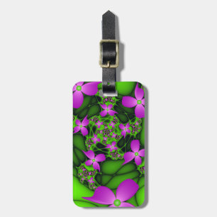 Etiqueta De Bagagem Flores Fractais Abstratas Modernas Rosa Verde Neon