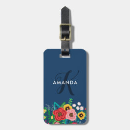 Etiqueta De Bagagem Flores populares de Boho - monograma azul profundo