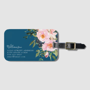 Etiqueta De Bagagem Flores Românticas Vintage em Azul Nome Personaliza