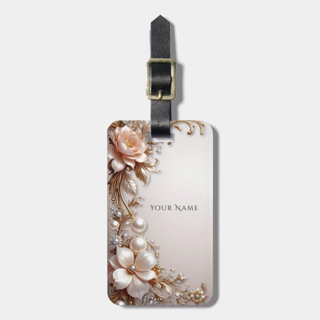 Etiqueta de Bagagem Flores Rosa Suave e Brancas (Frente Vertical)