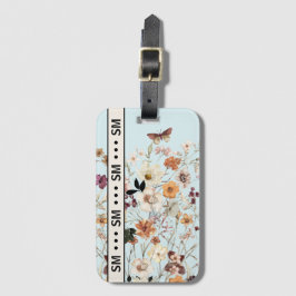 Etiqueta De Bagagem Flores Selvagens Presas Algodão Monograma Azul