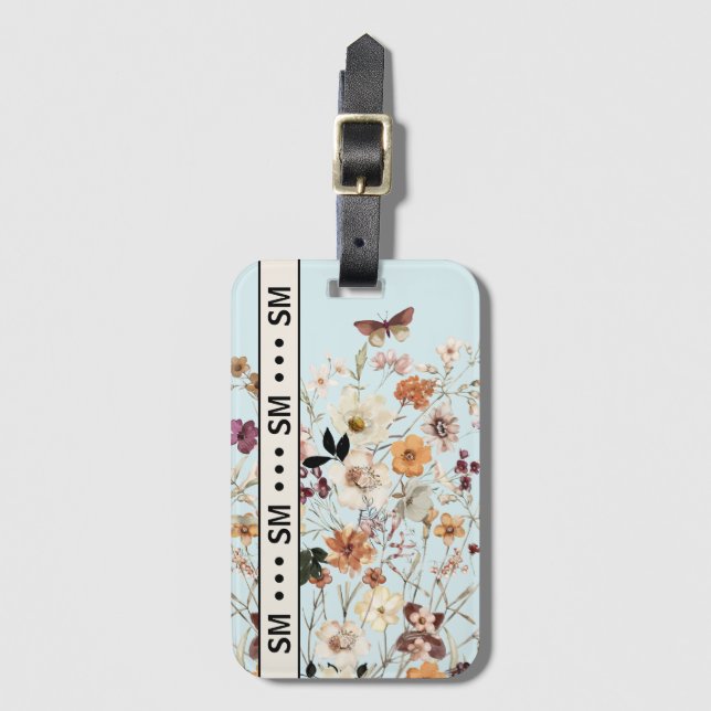 Etiqueta De Bagagem Flores Selvagens Presas Algodão Monograma Azul (Frente Vertical)