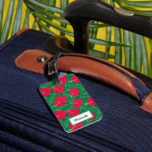 Etiqueta De Bagagem Flores Vermelhas de Hibisco em Folhas Tropicais Pe