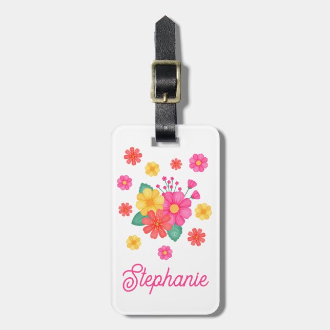 Etiqueta De Bagagem Flores Whimsical Monograma De Texto Personalizado (Frente Vertical)