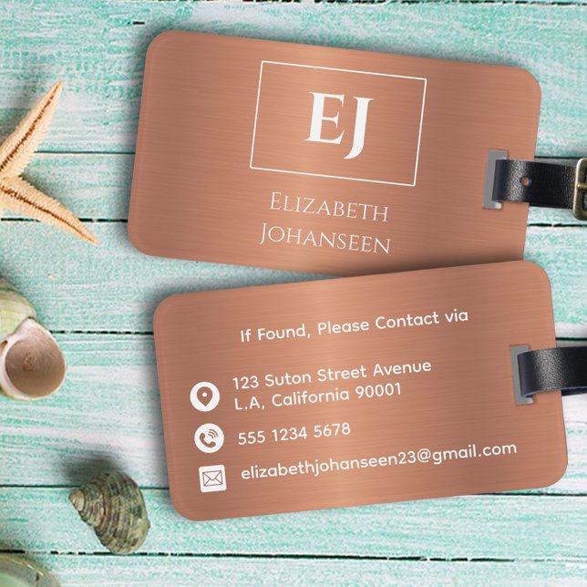 Etiqueta De Bagagem Folha De Cobre Elegante, Girly, Monograma (Criador carregado)