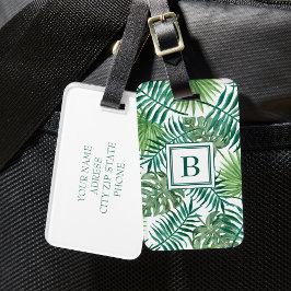 Etiqueta De Bagagem Folhas de Palmeira Verdes Modernas Monogramadas