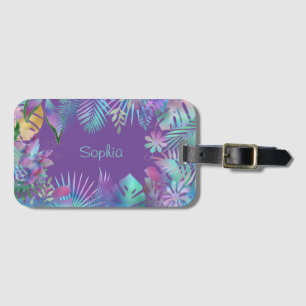 Etiqueta De Bagagem Folhas Tropicais Iridescentes, Nome em Azul Turque