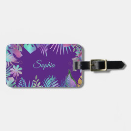Etiqueta De Bagagem Folhas Tropicais Iridescentes, Nome Teal em Roxo